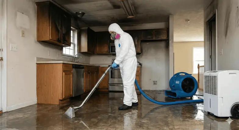 Technician in a protective suit extracting water from a smoke-damaged kitchen floor