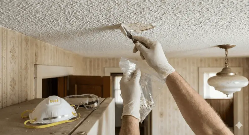 Gloved hands bagging a popcorn ceiling sample for asbestos testing, with a respirator nearby